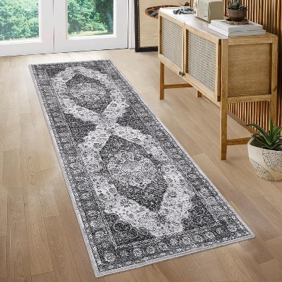 Washable Vintage Floral Distressed Area Rug for Living Room, Ultra-Thin Non-Slip Stain-Resistant Floor Cover for Bedroom Office Playroom