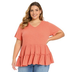 Women's Plus Size Textured Tiered Pleated V Neck Short Sleeve Casual Summer Peplum Babydoll Blouses - GRACE & GRANDEUR - 1 of 4
