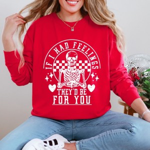 Simply Sage Market Valentine Feelings Skeleton Garment Dyed Long Sleeve - M - Red - 1 of 4