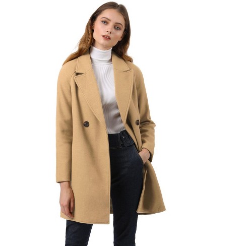 Women Winter Coat Double Breasted Elegant Notched Collar Side Slit Wool  Blend Overcoat Classic Fall Winter Trench Coat