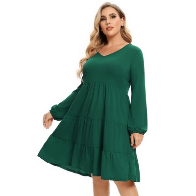 plus Size V-Neck Multi-Layered Ruffle Long Sleeve Dress
