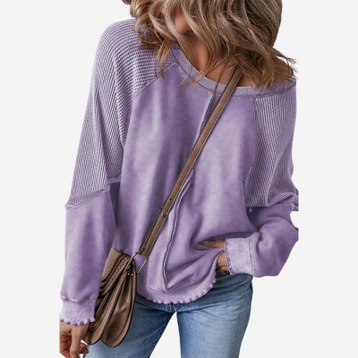 Amaryllis Women’s Long Sleeve Textured Waffle Knit Patchwork Pullover Contrast Washed Casual Fit Raw Hem