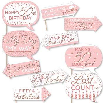 Big Dot of Happiness Funny 50th Pink Rose Gold Birthday - Happy Birthday Party Photo Booth Props Kit - 10 Piece