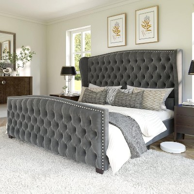 AMERLIFE Platform Bed Frame, Velvet Upholstered Bed with Deep Button Tufted