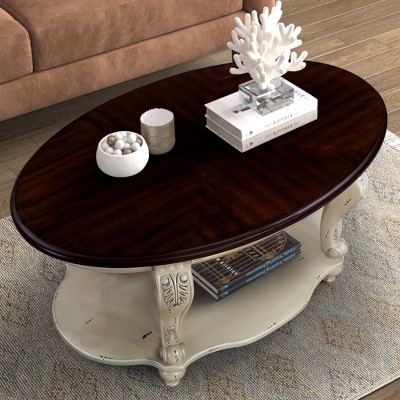 Sapphtopaz Coffee Tables for Living Room Wood Oval Coffee Table Dining Table 2 Tier Open Storage Solid Wood Table for Home Small Space