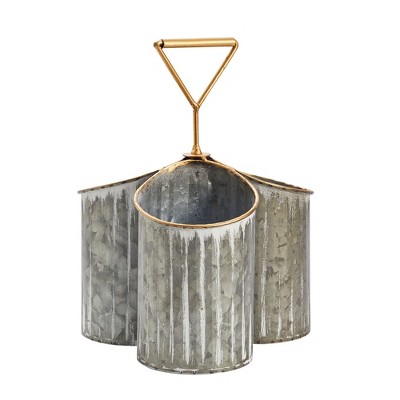 Farmlyn Creek 3 Compartment Vintage Galvanized Utensil Holder for Countertop Organizer, Multi-Purpose Caddy (Rustic, 7.8 x 8 x 10.6 In)