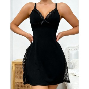 Women's Lace Trim Slip Nightdress Adjustable Spaghetti Strap Sleepwear with Side Slit - 1 of 4