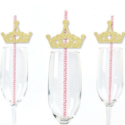 Big Dot of Happiness Gold Glitter Princess Crown Party Straws - No-Mess Real Glitter Cut-Outs & Baby Shower or Birthday Party Paper Straws - Set of 24