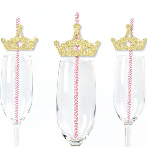 Big Dot of Happiness Gold Glitter Princess Crown Party Straws - No-Mess Real Glitter Cut-Outs & Baby Shower or Birthday Party Paper Straws - Set of 24 - 1 of 4