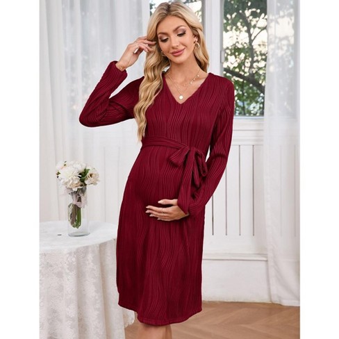 Missky Women Long Sleeve Maternity Nursing Dress Casual V Neck Breastfeeding Ribbed Knit Belt Pregnancy Dresses Burgundy Medium Target