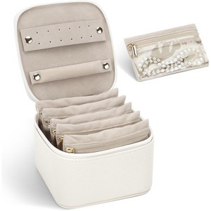 Square Travel Jewelry Box with 6 Velvet Pouches & Earring Tray, Compact Organizer with Ring Holder, Beige - 1 of 4