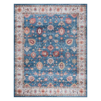 Cullen Blue and Tan Floral Border Washable Area Rug