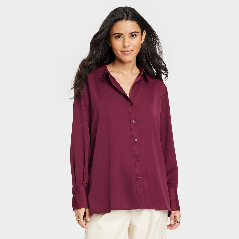 Size Medium Women's Long Sleeve Satin Button-Down Shirt - A New Day Burgundy Red