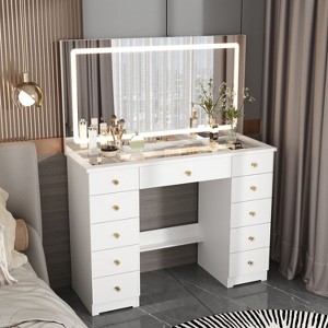 FUFU&GAGA White Vanity Table with Large Mirror Glass-Top Adjustable Light Modes - 1 of 4