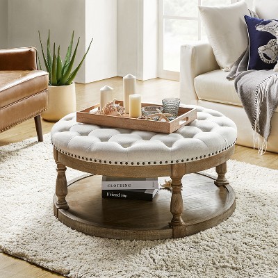 Illyria 36" Wide Transitional Tufted Round Cocktail Ottoman with Storage and Nailhead Trims for Bedroom and Living Room | ARTFUL LIVING DESIGN