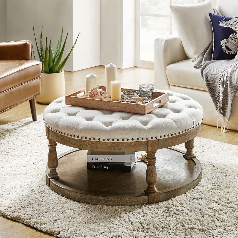 Illyria 36" Wide Transitional Tufted Round Cocktail Ottoman with Storage and Nailhead Trims for Bedroom and Living Room | ARTFUL LIVING DESIGN, 1 of 11