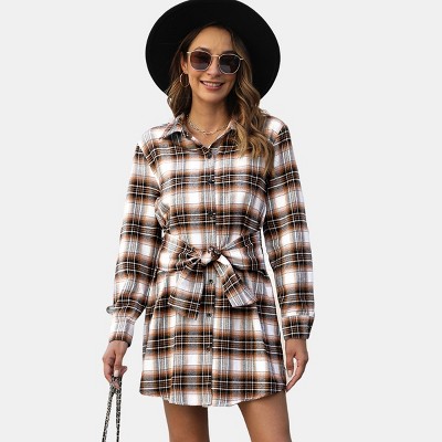 Women's Button-Down Belted Mini Plaid Shirt Dress - Cupshe