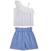 Girls Summer Sets Lace Founce Neck Line Spaghetti Strape Tank Tops with High Waist Button Shorts Ruffled Trim Sets for Summer - 2 of 4