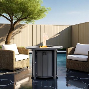 30" Propane Gas Fire Pit Table, 50,000 BTU Round Steel Fire Pit with Wood Grain Ceramic Tabletop for Patio, Deck, Garden, Backyard, Black-- Frevyn - 1 of 4