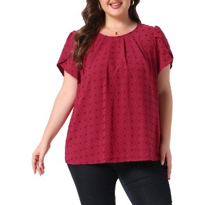 Women's Plus Size Swiss Dot Crew Neck Short Tulip Sleeve Front