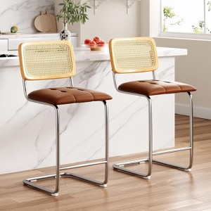 Fontoi Counter and Bar Stools, 2PCS Barstools with Rattan Back, 26 inch Stools Armless Bar Chairs with Upholstered, Brown, 17.7"*8.9"*39.4" - 1 of 4