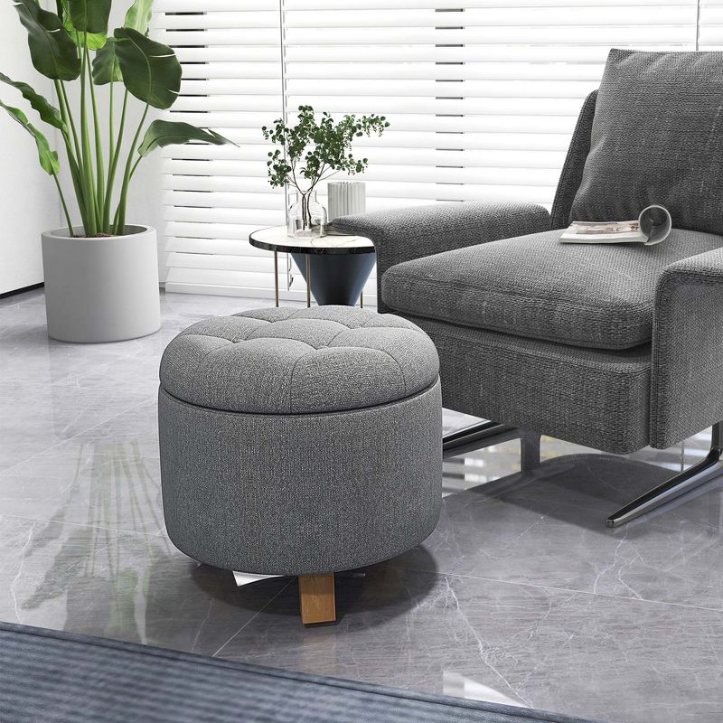 Costway Upholstered Round Ottoman Cushioned Storage Footstool with Solid Rubber Feet Grey, 2 of 11