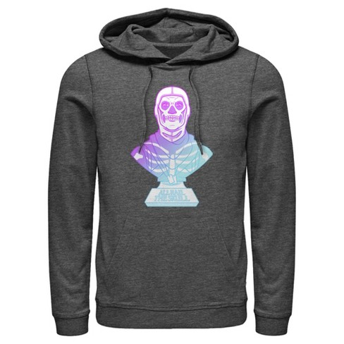 Men s Fortnite Skull Trooper All Hail Glow Pull Over Hoodie Charcoal Heather Small