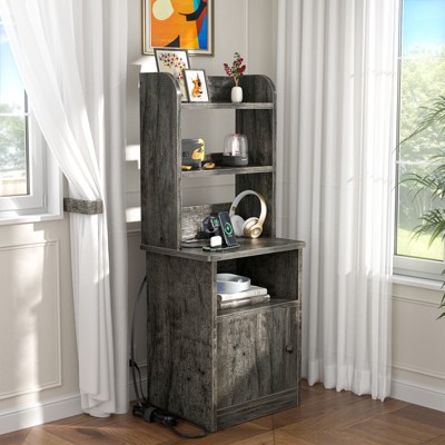 Aheaplus 47" Nightstand with Charging Station and LED Lights, Industrial Bedside End Side Table with Adjustable Bookshelf Storage Cabinet