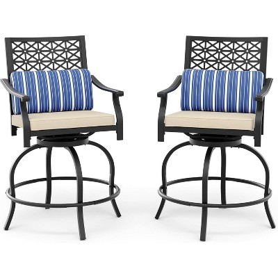 Acekool 2-Pack Outdoor Swivel Bar Stools with Cushions, 360° Rotating Counter Height Patio Chairs with Armrest & Backrest