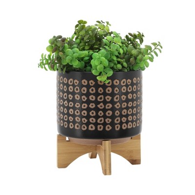 Modern Ceramic and Bamboo Planter Set, 8" x 11", in Rich Brown