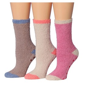 Tipi Toe Women's 3-Pairs Cozy Microfiber Anti-Skid Mocha Blush Patterned Soft Fuzzy Crew Socks - 1 of 4