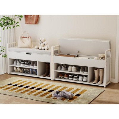 Vynxaria WHITE 39"Shoe Storage Bench, Entryway Bench with Lift Top Storage Box, Metal and Board Bench for Entryway