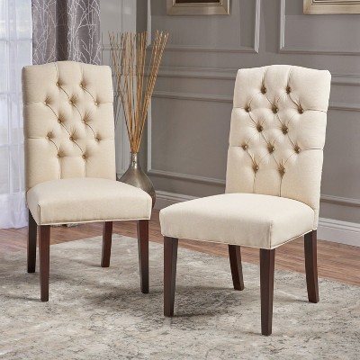 Ivory Linen Upholstered Dining Chairs with Solid Wood Legs, Set of 2