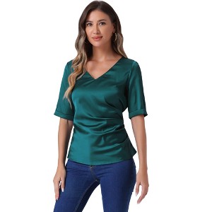 Allegra K Women's Short Sleeve Tie Back Ruched Casual Satin V Neck Blouse - 1 of 4