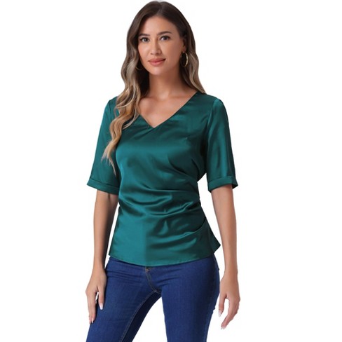 Allegra K Women's Short Sleeve Tie Back Ruched Casual Satin V Neck Blouse - image 1 of 4