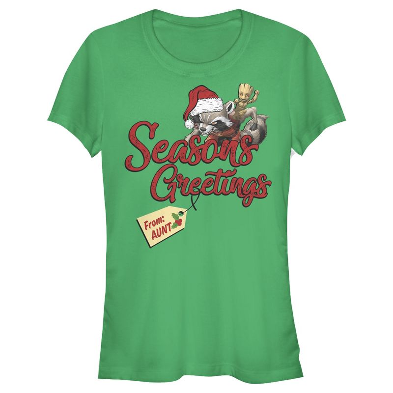 Juniors Womens Marvel Christmas Rocket & Groot Aunt Greetings T-Shirt, 1 of 4