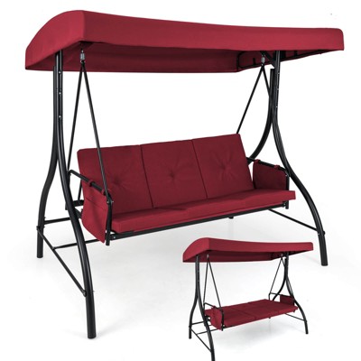 Costway 3-Seat Patio Swing with Canopy with Removable Cushions & Side Pockets Stand Black/Gray/Red/Brown/Beige
