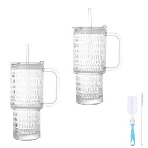 Itopfox 26oz Glass Cups with Lids and Straws, 2 Pack Tumbler With Handle Mason Jar Wide Mouth Reusable Drinking Glasses for Smoothie Coffee Beer - 1 of 4
