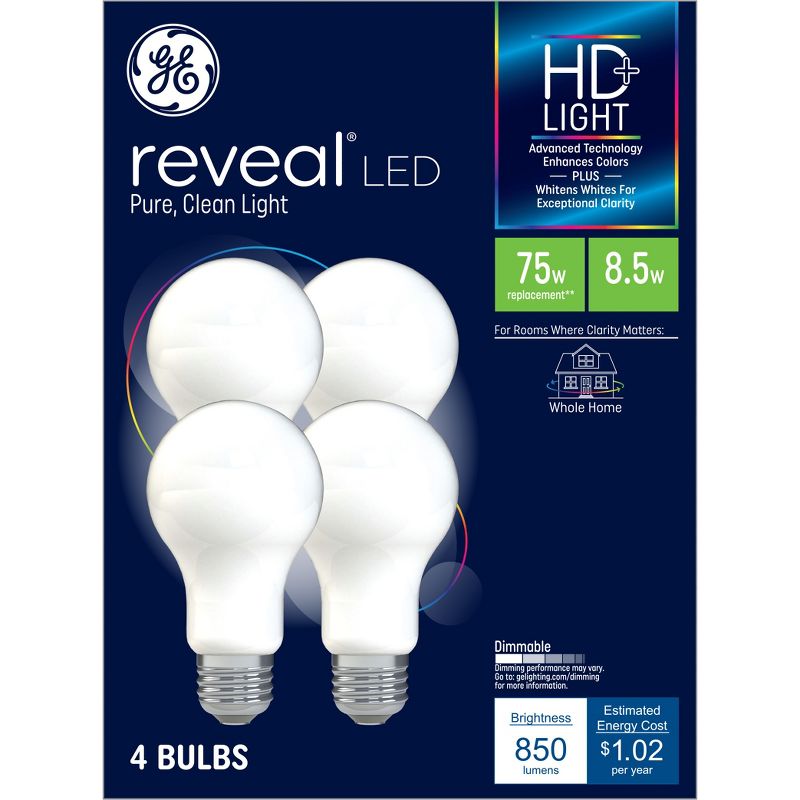 GE 4pk 8.5W 75W Equivalent Reveal LED HD+ Light Bulbs Medium Base, 1 of 7