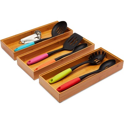 Farmlyn Creek 3-Pack Bamboo Utensil Drawer Organizers Cutlery Tray for Kitchen Silverware Flatware Brown 15"x6"x2"