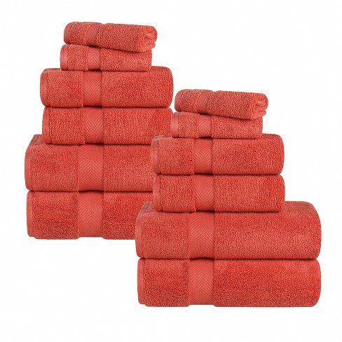 Zero Twist Cotton Solid Chevron Dobby Border Super Soft 12 Piece Assorted Bathroom Towel Set, Brick Red - Blue Nile Mills