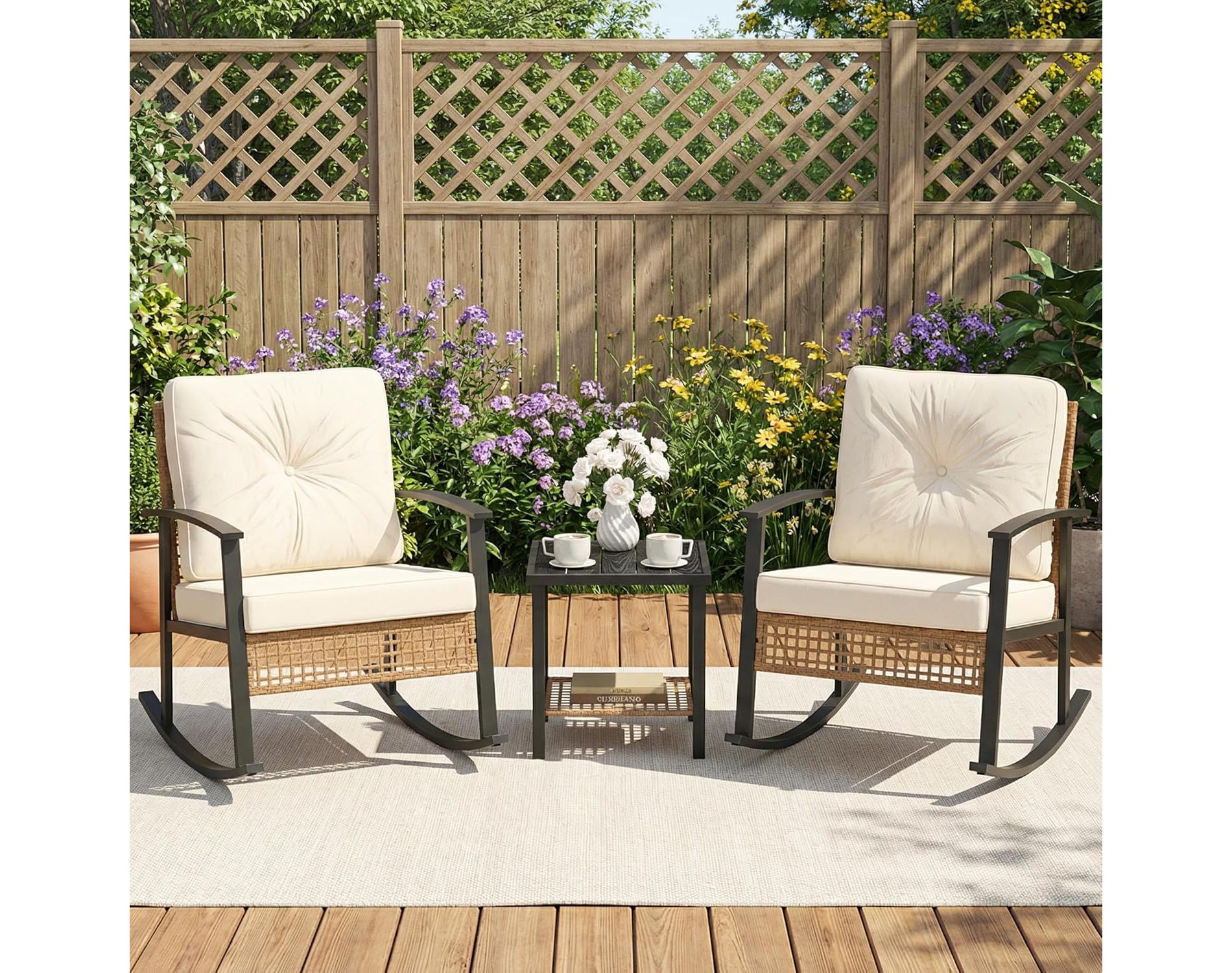 3 Piece Rocking Bistro Set, Outdoor Wicker Rattan Patio Furniture Conversation Set with Thick Cushions 2-Tier Coffee Table, All Weather Porch Chairs