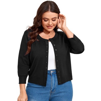 Women Plus Size Cardigans Round Neck Knit Cardigan Open Front Sweater 3/4 Sleeve Cardigan Button Outwear