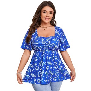 Womens Plus Size Sweetheart Neck Short Sleeves Tunic Tops Pleated Peplum Babydoll Casual T shirts Floral Summer Blouse - 1 of 4
