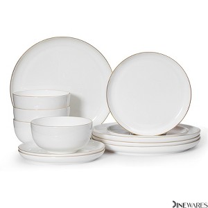 Dinewares White with Gold Rim Bone China Dinnerware Set - Service for 4 or 8, Includes Dinner Plates, Salad Plates, and Cereal or Soup Bowls - 1 of 4