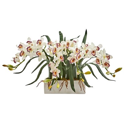 Nearly Natural 15-in Cymbidium Artificial Arrangement in White Vase