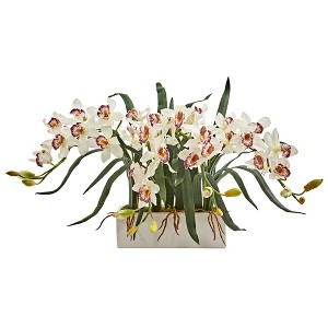 Nearly Natural 15-in Cymbidium Artificial Arrangement in White Vase - 1 of 3