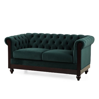 NicBex Loveseat Sofa Mid Century Velvet Fabric Upholstered Sofa Couch 2 Seater Tufted Button Loveseat Couch for Bedroom,Living Room,Dark Green