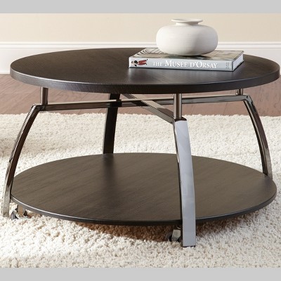 Round Black Nickel and Wood Coffee Table with Casters