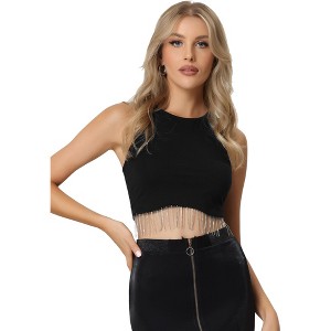 Allegra K Women's Round Neck Sleeveless Party Rhinestone Fringe Crop Tank Tops - 1 of 4